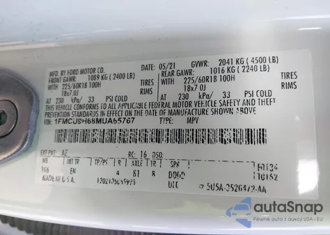 2021 Ford Escape Sel z USA, uszkodzony, nr VIN 1FMCU9H68MUA65767